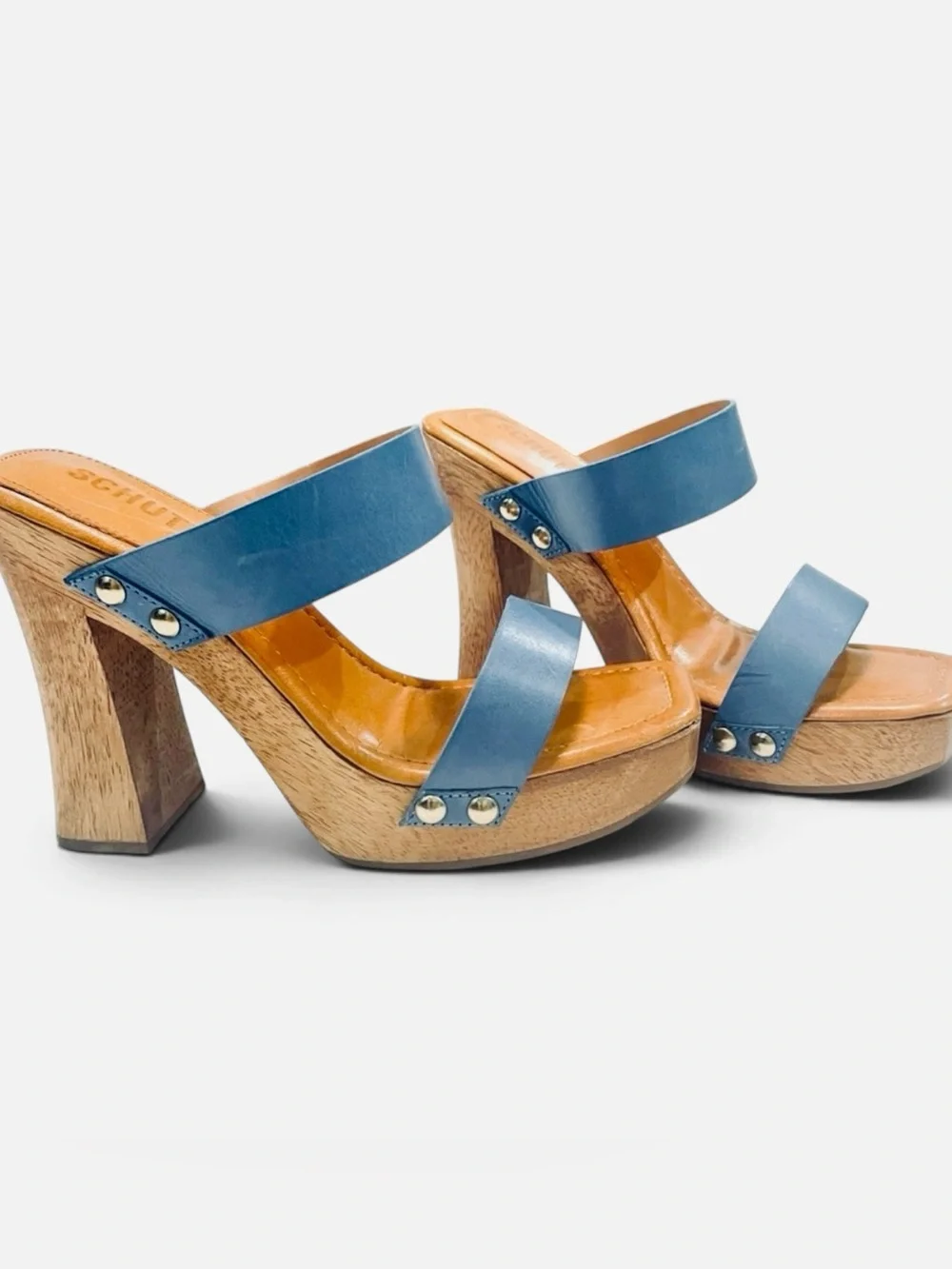 Schutz Denim blue Revolve platform wood heels size 6. - like new